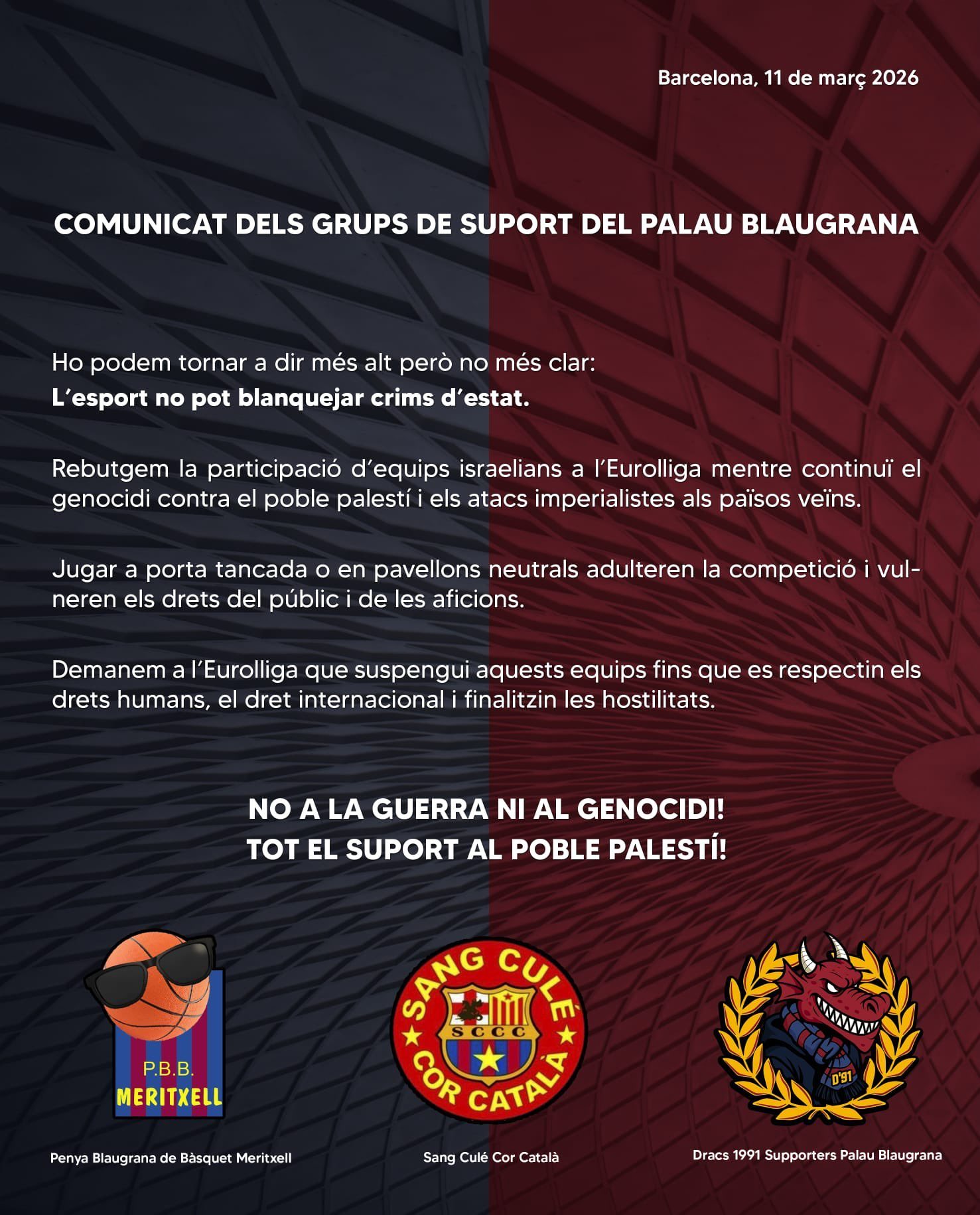 جماهير برشلونة تصدر بياناً حاداً ضد مشاركة هبوعيل تل أبيب في اليوروليغ