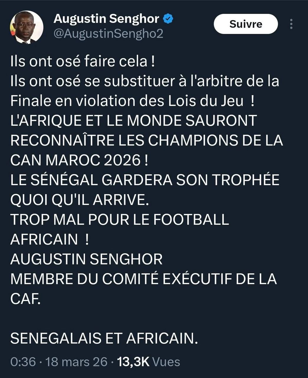 رئيس الاتحاد السنغالي لكرة القدم يهاجم قرار "كاف" بسحب لقب كأس الأمم الإفريقية من السنغال