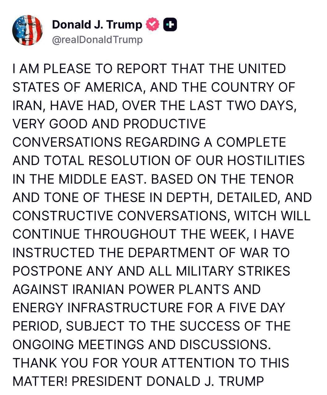 ترامب يعلن إجراء محادثات مع إيران وتأجيل الضربات 5 أيام.. وطهران تنفي وتعتبر القرار "انكسارًا"
